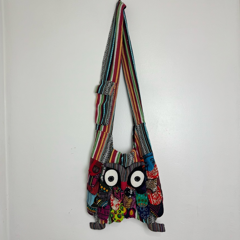 Owl Crossbody Patchwork Bag Purse Cotton Nepal Boho Zip Closure Unique Gift